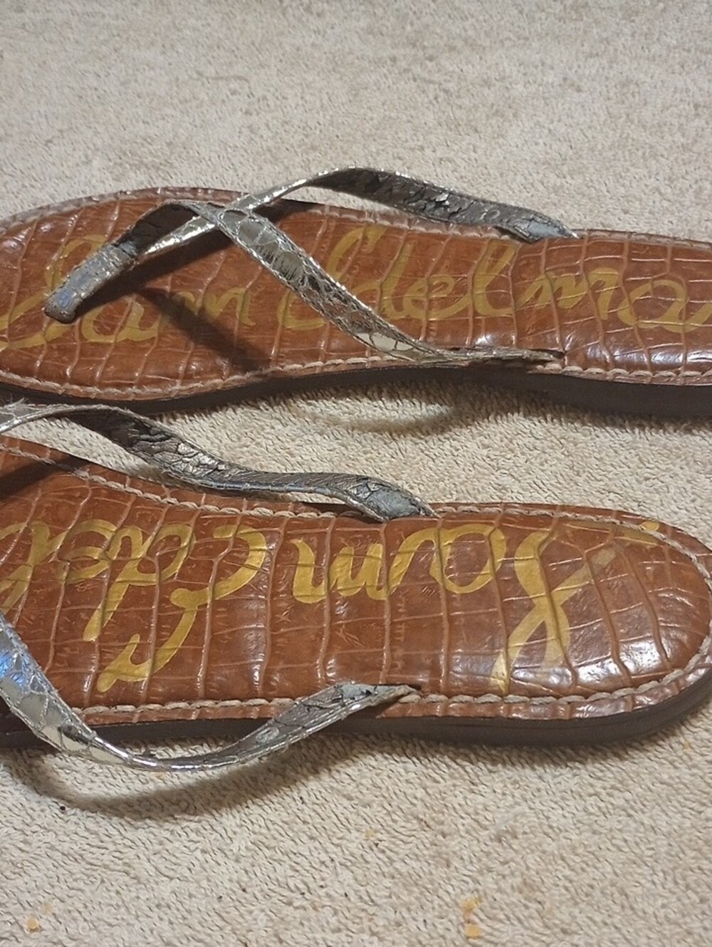 Sam Edelman Silver Metallic Strap Brown Footbed Sandals - Picture 2 of 7